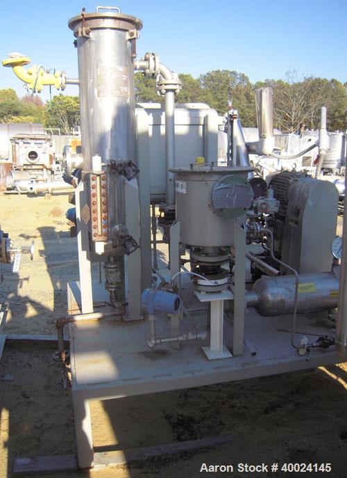 Used Busch Monovac Single Stage Vacuum Pump, Model 216:002. 113 CFM at 40 Torr. Driven by a 10hp,3/60/230/460 volt, 1755 rpm XP motor. Includes  25 gallon C-276 knockout pot, C-276 muffler, carbon st...