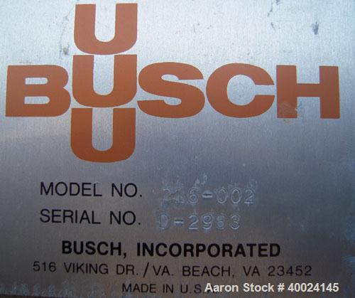 Used Busch Monovac Single Stage Vacuum Pump, Model 216:002. 113 CFM at 40 Torr. Driven by a 10hp,3/60/230/460 volt, 1755 rpm XP motor. Includes  25 gallon C-276 knockout pot, C-276 muffler, carbon st...