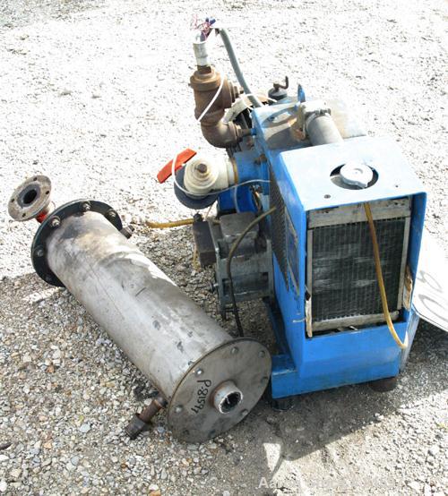 USED: Busch Huckepack two stage rotary vane vacuum pump, model 429, carbon steel. Rated 113 cfm. Radiator cooled with holding tank. 2" inlet/outlet. Driven by a 6.8 kw (9 hp), 3/60/230/460 volt, 1745...