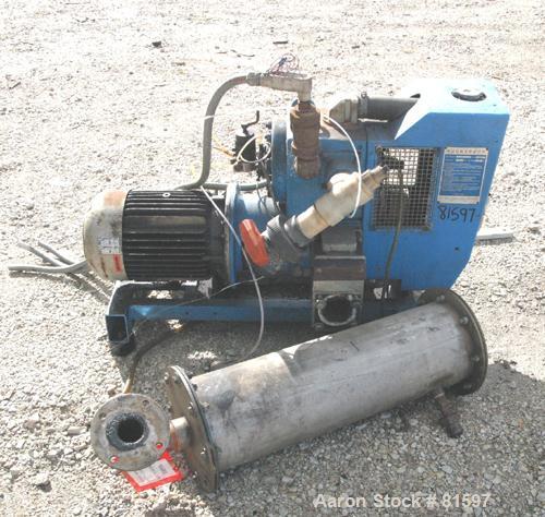 USED: Busch Huckepack two stage rotary vane vacuum pump, model 429, carbon steel. Rated 113 cfm. Radiator cooled with holding tank. 2" inlet/outlet. Driven by a 6.8 kw (9 hp), 3/60/230/460 volt, 1745...