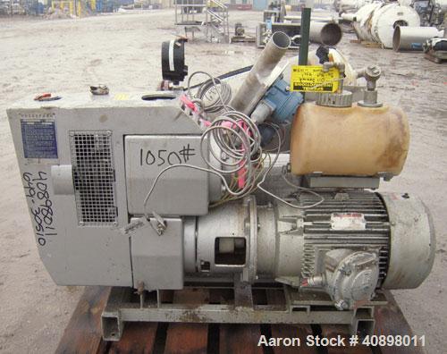 Used Busch Huckepack Two Stage Rotary Vane Vacuum Pump, Model 433:014. Rated 176 cfm at .5 Torr, with a 15 hp, 3/60/460 volt, 1765 rpm XP motor, knock out pot, receiver and heat exchanger. Serial #25...