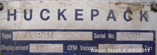 Used Busch Huckepack Two Stage Rotary Vane Vacuum Pump, Model 433:014. Rated 176 cfm at .5 Torr, with a 15 hp, 3/60/460 volt, 1765 rpm XP motor, knock out pot, receiver and heat exchanger. Serial #25...
