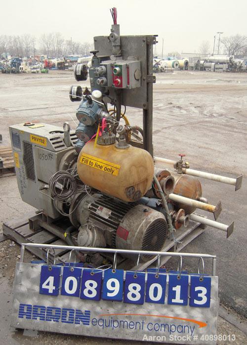 Used Busch Huckepack Two Stage Rotary Vane Vacuum Pump, Model 433:014. Rated 176 cfm at .5 Torr, with a 15 hp, 3/60/460 volt, 1765 rpm XP motor, knock out pot, receiver and heat exchanger. Serial #25...