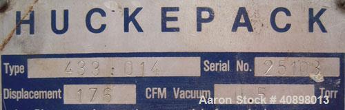 Used Busch Huckepack Two Stage Rotary Vane Vacuum Pump, Model 433:014. Rated 176 cfm at .5 Torr, with a 15 hp, 3/60/460 volt, 1765 rpm XP motor, knock out pot, receiver and heat exchanger. Serial #25...