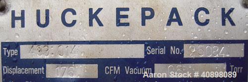 Used Busch Huckepack Two Stage Rotary Vane Vacuum Pump, Model 433:014. Rated 176 cfm at .5 Torr, with a 15 hp, 3/60/460 volt, 1765 rpm motor, knock out pot, receiver and heat exchanger. Serial #25084