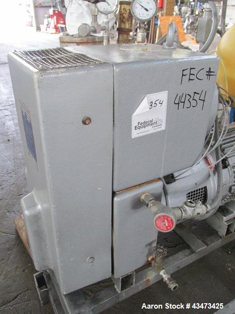 Busch Huckepack Vacuum Pump, Model 437-002. Rated 310 cfm at 0.5 Torr. Driven by 20hp, 230/460 volt XP motor. Skid mounted with silencer, heat exchanger, basket filter, separator and oil pot, serial#...