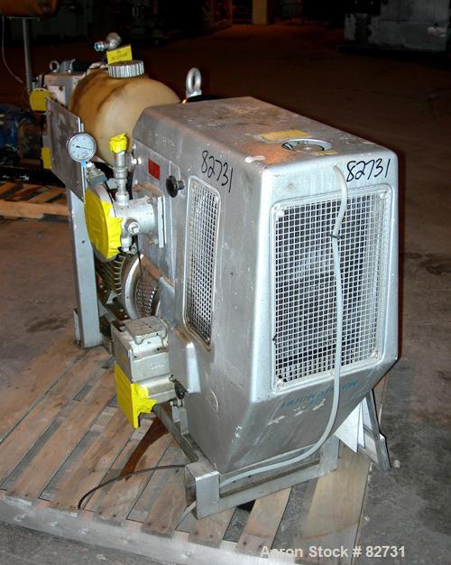USED: Busch Huckepack two stage once through sealing rotary vane vacuum pump, model 437, carbon steel. Rated 282 cfm (29.9 hg). Radiator cooled. 3" inlet/outlet. Driven by a 20 hp, 3/60/460 volt, 176...
