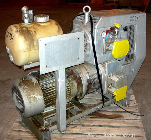 USED: Busch Huckepack two stage once through sealing rotary vane vacuum pump, model 437, carbon steel. Rated 282 cfm (29.9 hg). Radiator cooled. 3" inlet/outlet. Driven by a 20 hp, 3/60/460 volt, 176...