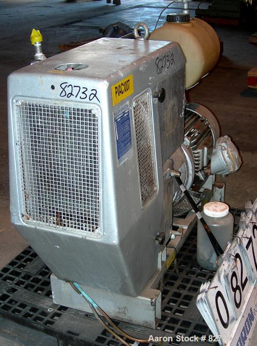 USED: Busch Huckepack two stage once through sealing rotary vane vacuum pump, model 437, carbon steel. Rated 282 cfm (29.9 hg). Radiator cooled. 3" inlet/outlet. Driven by a 20 hp, 3/60/460 volt, 176...