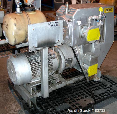 USED: Busch Huckepack two stage once through sealing rotary vane vacuum pump, model 437, carbon steel. Rated 282 cfm (29.9 hg). Radiator cooled. 3" inlet/outlet. Driven by a 20 hp, 3/60/460 volt, 176...