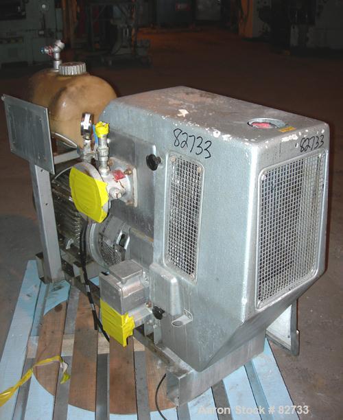 USED: Busch Huckepack two stage once through sealing rotary vane vacuum pump, model 437, carbon steel. Rated 282 cfm (29.9 hg). Radiator cooled. 3" inlet/outlet. Driven by a 20 hp, 3/60/460 volt, 176...