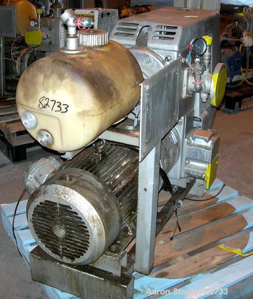 USED: Busch Huckepack two stage once through sealing rotary vane vacuum pump, model 437, carbon steel. Rated 282 cfm (29.9 hg). Radiator cooled. 3" inlet/outlet. Driven by a 20 hp, 3/60/460 volt, 176...
