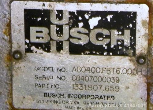 Used Busch Single Stage Cobra Dry Screw Vacuum Pump, Model AC0400FBT6.000H, Carbon Steel. Rated 262 cfm, 0.05’’ Torr., direct cooled. Driven by a 20 hp, 3/60/230/460 volt, 3520 rpm motor. Includes an...