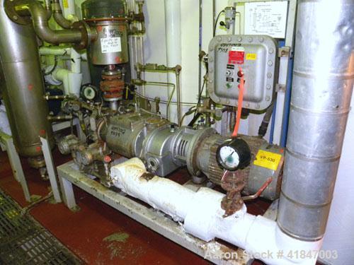 Used Busch Single Stage Cobra Dry Screw Vacuum Pump, Model AC0400FBT6.000H, Carbon Steel. Rated 262 cfm, 0.05’’ Torr., direct cooled. Driven by a 20 hp, 3/60/230/460 volt, 3520 rpm motor. Includes an...