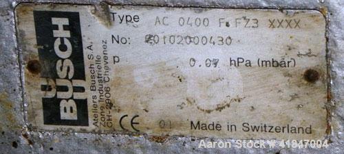 Used Busch Single Stage Cobra Dry Screw Vacuum Pump, Model AC0400FFZ3XXXX, Carbon Steel. Rated 262 cfm, 0.05’’ Torr., direct cooled. Driven by a 20 hp, 3/60/230/460 volt, 3520 rpm motor. Includes an ...