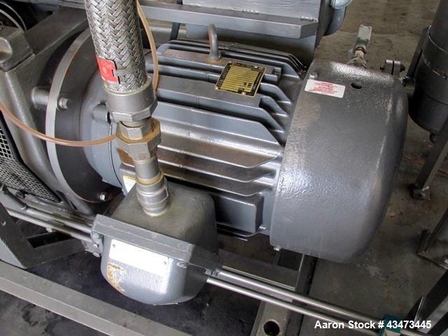 Used Busch Huckepack Vacuum Pump, Model HO437-D8095. Rated 282 cfm at 0.5 Torr, driven by 20hp, 230/460 volt XP motor. Skid mounted with silencer, heat exchanger, basket filter and oil pot, serial# 8...