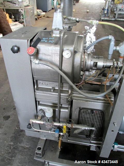 Used Busch Huckepack Vacuum Pump, Model HO437-D8095. Rated 282 cfm at 0.5 Torr, driven by 20hp, 230/460 volt XP motor. Skid mounted with silencer, heat exchanger, basket filter and oil pot, serial# 8...