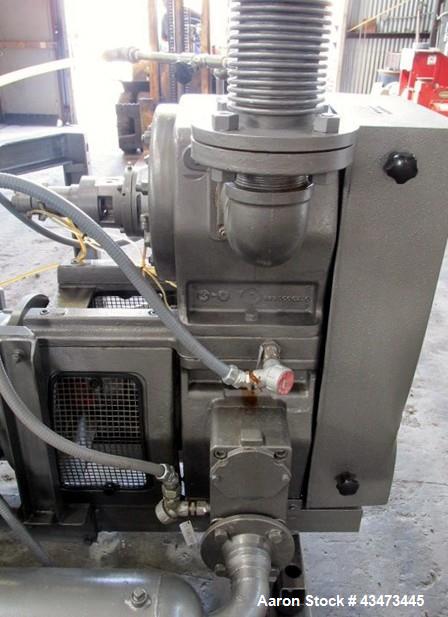 Used Busch Huckepack Vacuum Pump, Model HO437-D8095. Rated 282 cfm at 0.5 Torr, driven by 20hp, 230/460 volt XP motor. Skid mounted with silencer, heat exchanger, basket filter and oil pot, serial# 8...