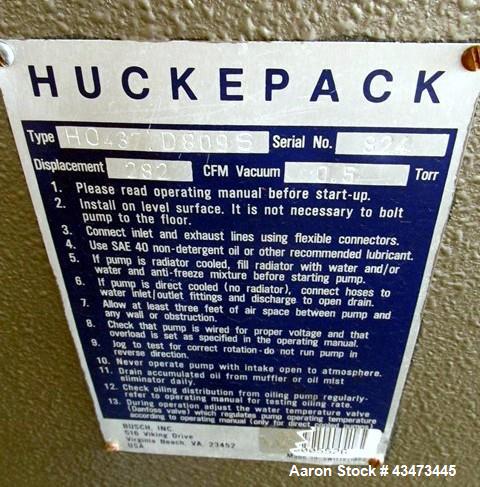 Used Busch Huckepack Vacuum Pump, Model HO437-D8095. Rated 282 cfm at 0.5 Torr, driven by 20hp, 230/460 volt XP motor. Skid mounted with silencer, heat exchanger, basket filter and oil pot, serial# 8...