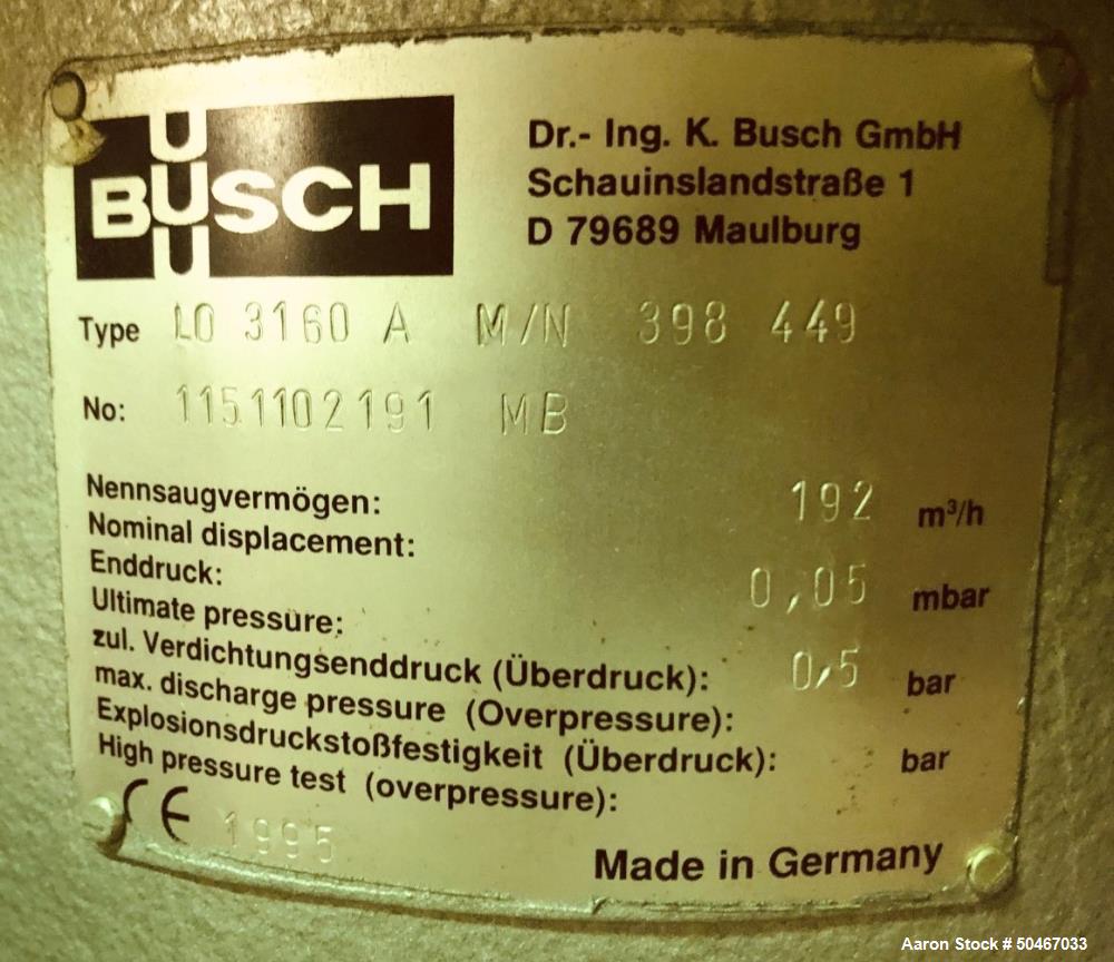 Used- Busch Vacuum System, Model LO3160