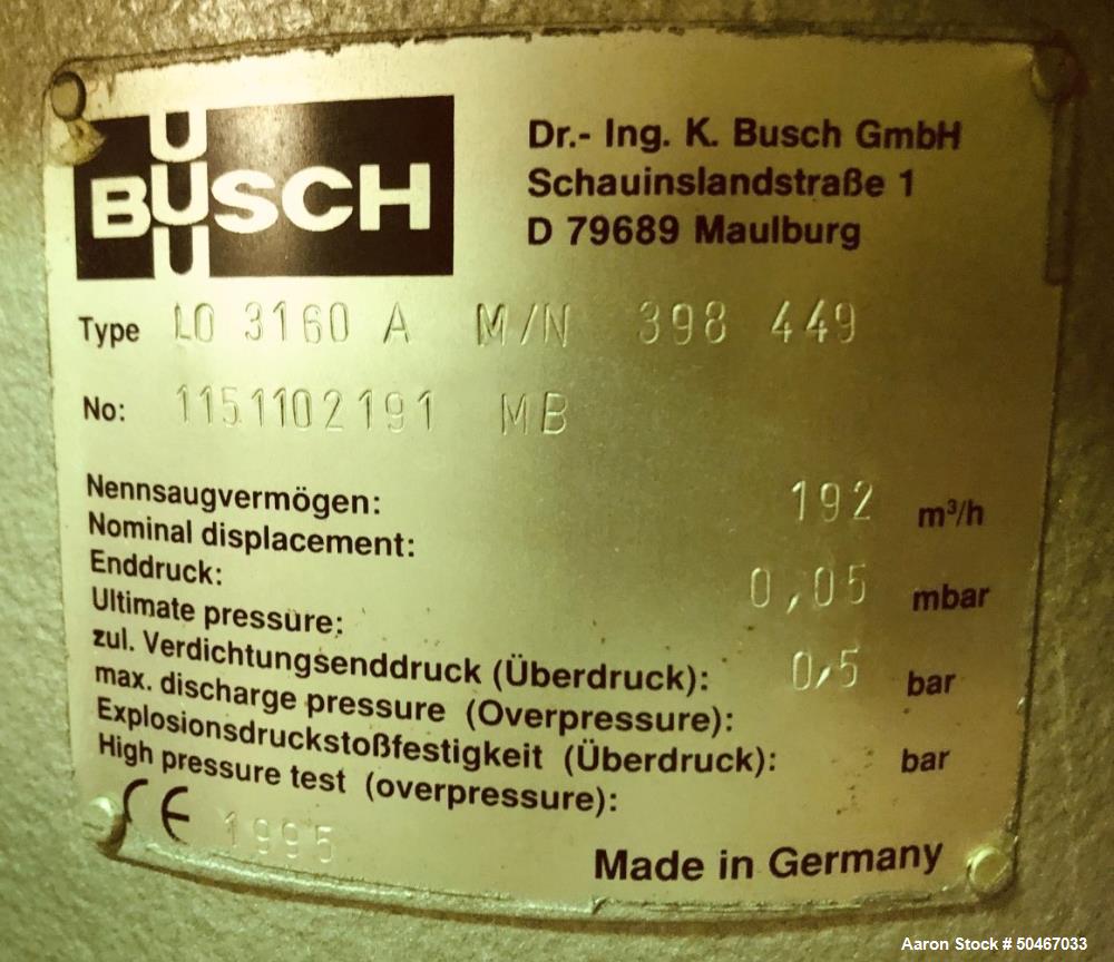 Used Busch Vacuum System, Model LO3160