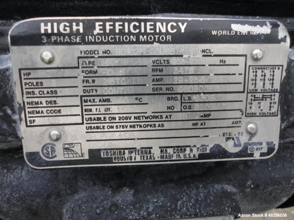 Used Busch Mink claw vacuum pump type MINK MM 1322 AVV6.11XX, serial number U070801158, Displacement 218 CFM, 10 HP, 208/230/460 V, 3-Phase, 60 Hz, 3475 rpm with a quadro electrical panel.
