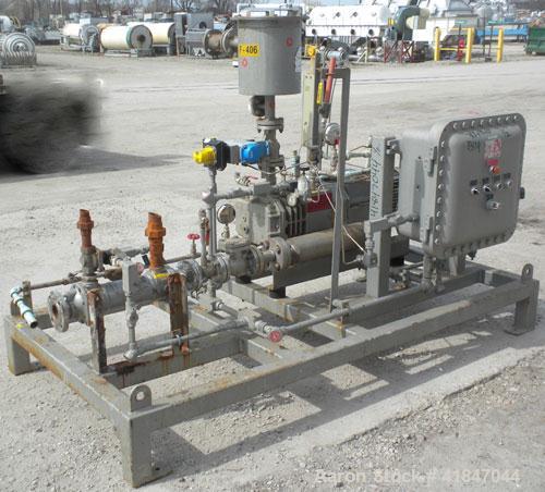 Used Busch Single Stage Cobra Dry Screw Vacuum Pump, model NC0070ABM6.000F, carbon steel. Rated 58 cfm, 0.075’’ Torr., air cooled. Driven by a 5 hp, 3/20-60/460 volt, 3505 rpm XP motor. Includes an X...