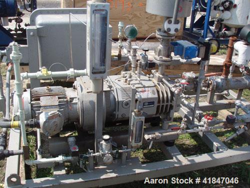 Used Busch Single Stage Cobra Dry Screw Vacuum Pump, Model NC0070ABM6.000F, carbon steel. Rated 58 cfm, 0.075’’ Torr., air cooled. Driven by a 5 hp, 3/20-60/460 volt, 3505 rpm XP motor. Includes an X...
