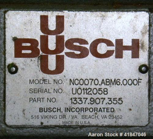 Used Busch Single Stage Cobra Dry Screw Vacuum Pump, Model NC0070ABM6.000F, carbon steel. Rated 58 cfm, 0.075’’ Torr., air cooled. Driven by a 5 hp, 3/20-60/460 volt, 3505 rpm XP motor. Includes an X...