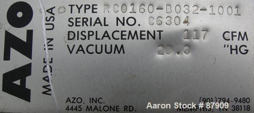 USED: Busch single stage, oil sealed, rotary vane vacuum pump, model R00160-13032-1001, carbon steel. Rated 117 cfm, 20.6" hg. Driven by a 7.5 hp, 3/60/208-230/460 volt, 1750 rpm motor. Base mounted.