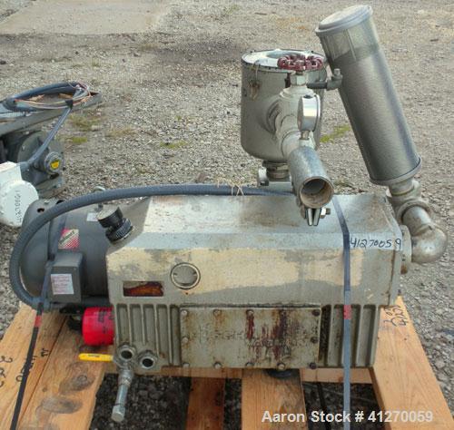 Used Busch Single Stage, Oil Sealed, Rotary Vane Vacuum Pump, model R5-160-138, carbon steel. Rated 117 cfm, 15'' HG, Torr. 29.3''. Air cooled. Driven by a 7 1/2 hp, 3/60/208-230/460 volt, 1760 rpm m...