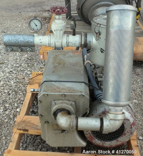 Used Busch Single Stage, Oil Sealed, Rotary Vane Vacuum Pump, model R5-160-138, carbon steel. Rated 117 cfm, 15'' HG, Torr. 29.3''. Air cooled. Driven by a 7 1/2 hp, 3/60/208-230/460 volt, 1760 rpm m...
