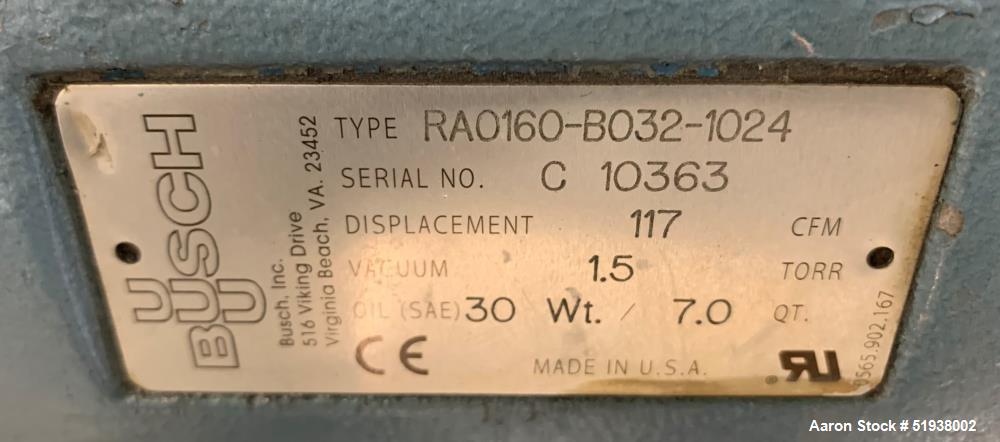 Gebraucht- Busch RA0160 Vakuumpumpe, Typ RA0160-B032-1024. 117 CFM. Angetrieben von einem 7,5 PS, 3/60/208-230/460 Volt, 175...