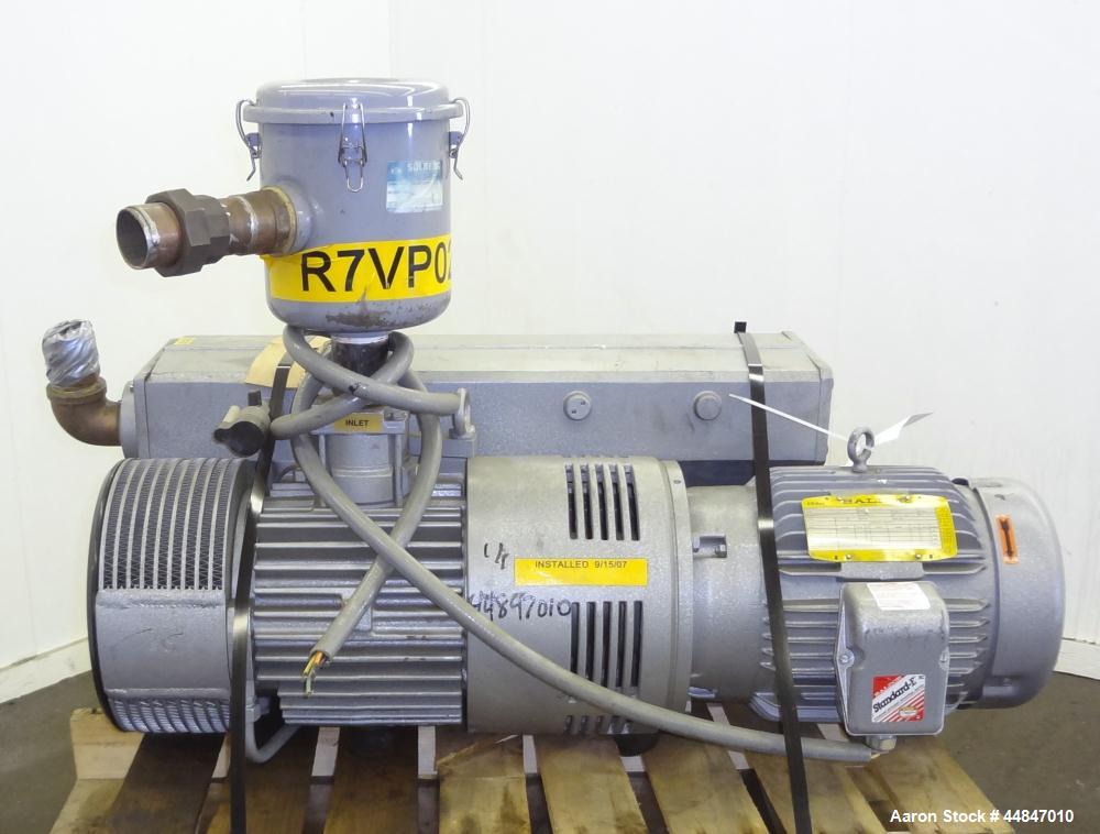 Used Busch R5 Single Stage Oil Sealed Rotary Vane Vacuum Pump, Model RA0255.D506.1001, Carbon Steel.  Rated 180 cfm, vacuum 0.5 Torr.  Driven by a 10 hp, 3/60/230/460 volt, 1760 rpm motor.