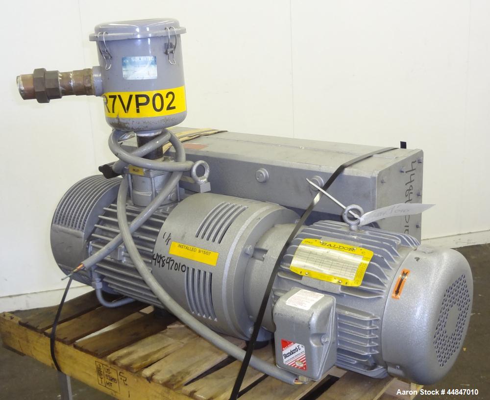 Used Busch R5 Single Stage Oil Sealed Rotary Vane Vacuum Pump, Model RA0255.D506.1001, Carbon Steel.  Rated 180 cfm, vacuum 0.5 Torr.  Driven by a 10 hp, 3/60/230/460 volt, 1760 rpm motor.