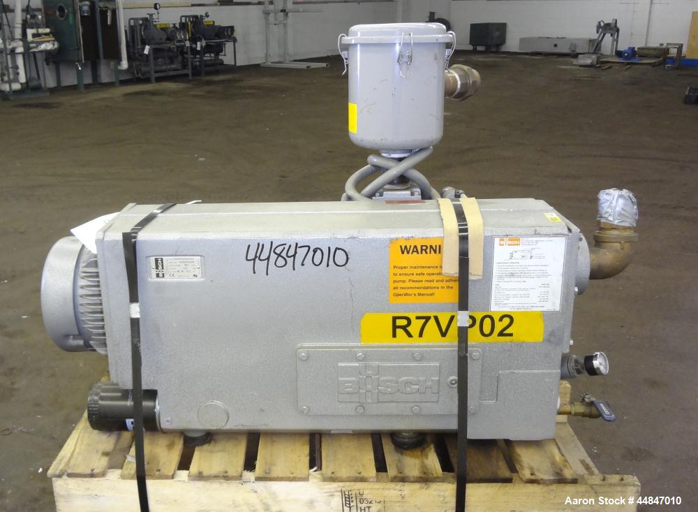 Used Busch R5 Single Stage Oil Sealed Rotary Vane Vacuum Pump, Model RA0255.D506.1001, Carbon Steel.  Rated 180 cfm, vacuum 0.5 Torr.  Driven by a 10 hp, 3/60/230/460 volt, 1760 rpm motor.