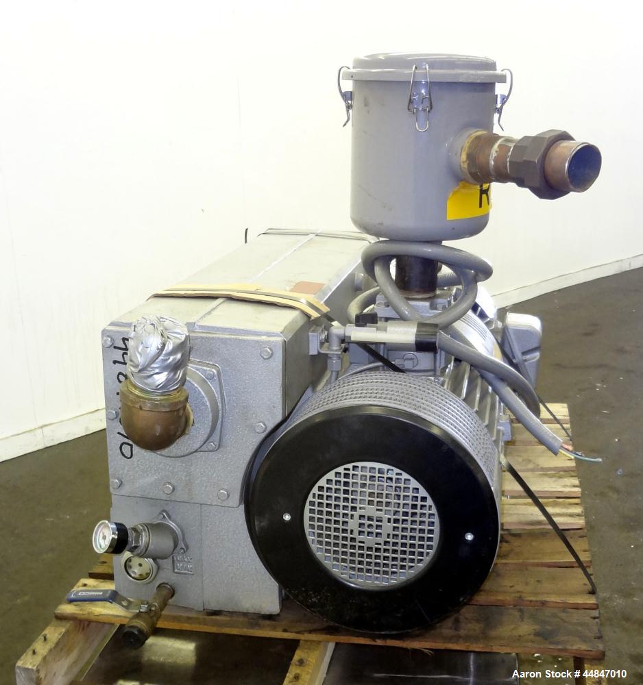 Used Busch R5 Single Stage Oil Sealed Rotary Vane Vacuum Pump, Model RA0255.D506.1001, Carbon Steel.  Rated 180 cfm, vacuum 0.5 Torr.  Driven by a 10 hp, 3/60/230/460 volt, 1760 rpm motor.