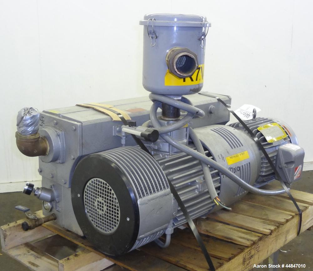 Used Busch R5 Single Stage Oil Sealed Rotary Vane Vacuum Pump, Model RA0255.D506.1001, Carbon Steel.  Rated 180 cfm, vacuum 0.5 Torr.  Driven by a 10 hp, 3/60/230/460 volt, 1760 rpm motor.