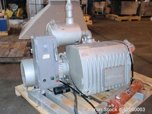 Used Busch Single Stage, Oil Sealed, Rotary Vane Vacuum Pump, model RA0400-B033-1103, carbon steel. Rated 300 cfm at 29.5'' HG inlet pressure, air cooled, driven by a 20 hp, 3/60/208-230/460 volt, 17...