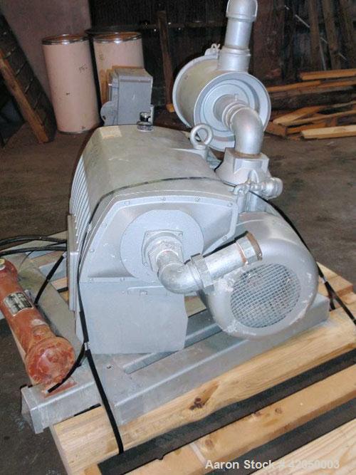 Used Busch Single Stage, Oil Sealed, Rotary Vane Vacuum Pump, model RA0400-B033-1103, carbon steel. Rated 300 cfm at 29.5'' HG inlet pressure, air cooled, driven by a 20 hp, 3/60/208-230/460 volt, 17...