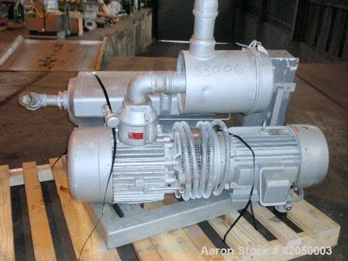 Used Busch Single Stage, Oil Sealed, Rotary Vane Vacuum Pump, model RA0400-B033-1103, carbon steel. Rated 300 cfm at 29.5'' HG inlet pressure, air cooled, driven by a 20 hp, 3/60/208-230/460 volt, 17...