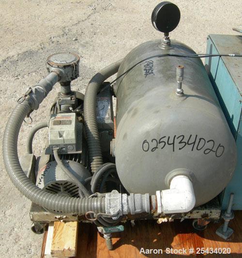 Used Busch Single Stage, Oil Sealed, Rotary Vane Vacuum Pump, Model RC0025-E50G-1101, Carbon Steel.Rated 20 cfm, 15 torr, air cooled.Driven by a 15 hp, 3/60/208-230/460 volt, 1730 rpm motor.Includes ...