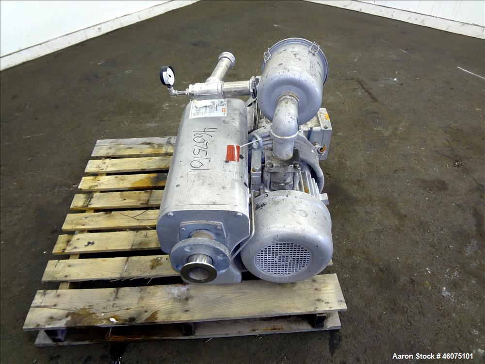 Used Busch Single Stage Air Cooled Oil Sealed Rotary Vane Vacuum Pump, Model RC0160.B032.1001, Carbon Steel. Rated 117 CFM at 15" torr. Approximate 1-1/2" Inlet & outlet. Driven by a 7.5hp, 3/60/208-...