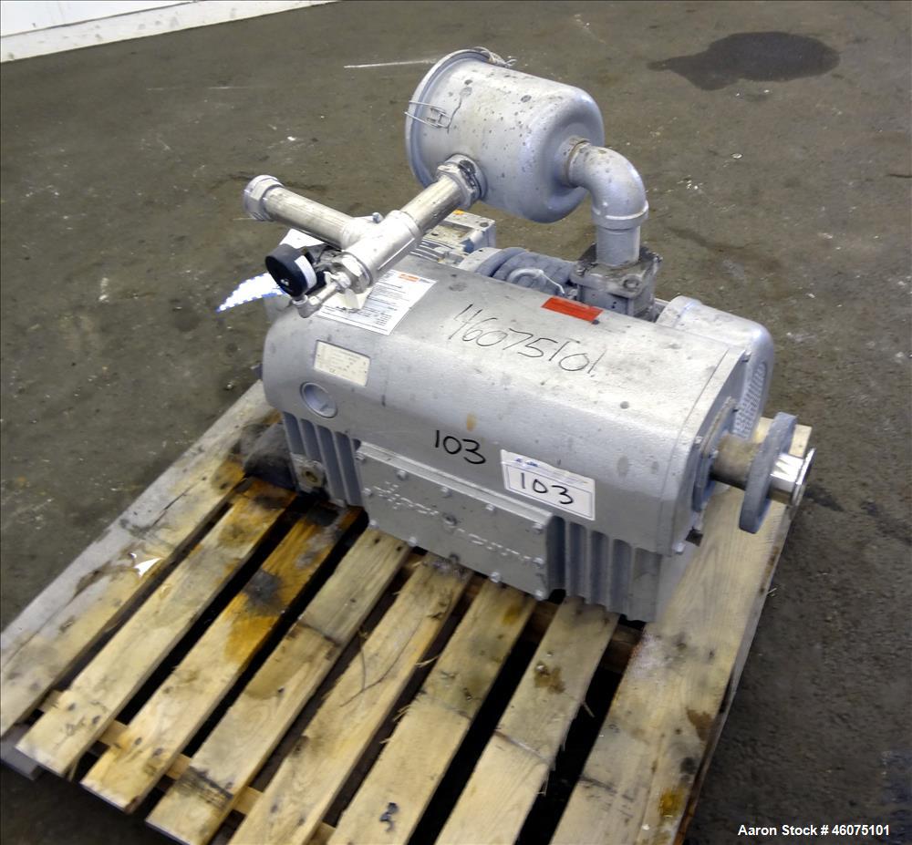 Used Busch Single Stage Air Cooled Oil Sealed Rotary Vane Vacuum Pump, Model RC0160.B032.1001, Carbon Steel. Rated 117 CFM at 15" torr. Approximate 1-1/2" Inlet & outlet. Driven by a 7.5hp, 3/60/208-...