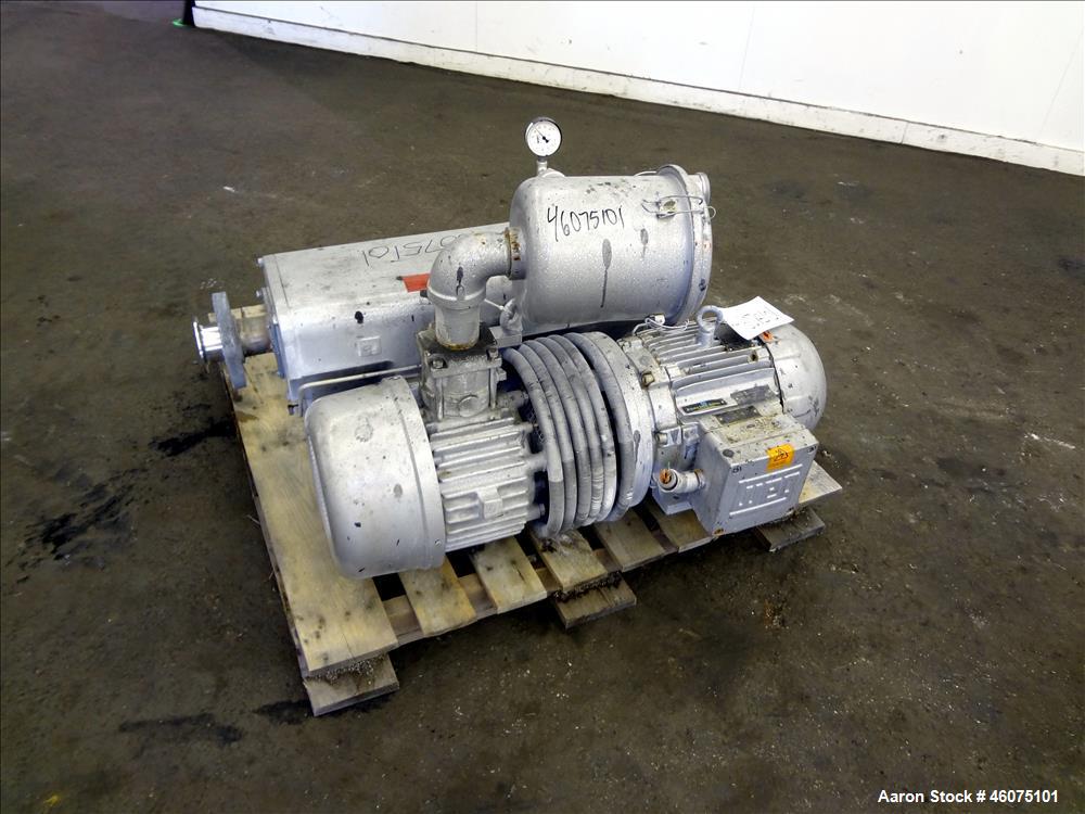 Used Busch Single Stage Air Cooled Oil Sealed Rotary Vane Vacuum Pump, Model RC0160.B032.1001, Carbon Steel. Rated 117 CFM at 15" torr. Approximate 1-1/2" Inlet & outlet. Driven by a 7.5hp, 3/60/208-...