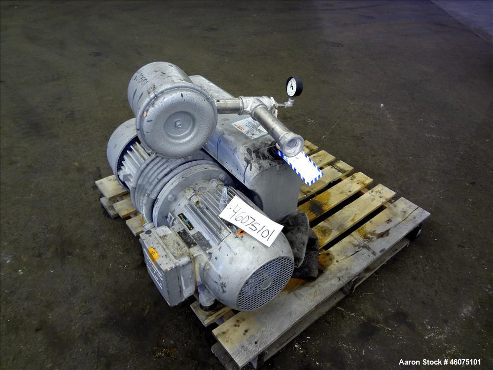 Used Busch Single Stage Air Cooled Oil Sealed Rotary Vane Vacuum Pump, Model RC0160.B032.1001, Carbon Steel. Rated 117 CFM at 15" torr. Approximate 1-1/2" Inlet & outlet. Driven by a 7.5hp, 3/60/208-...