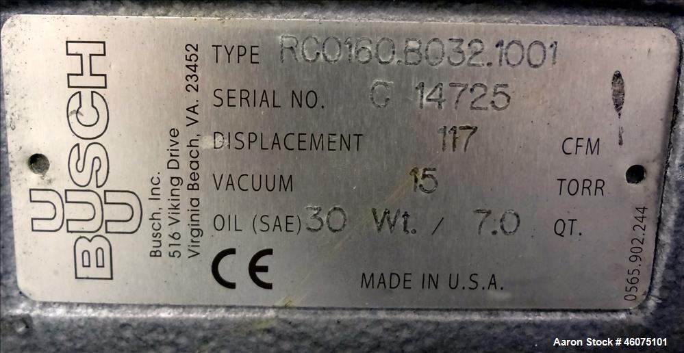 Used Busch Single Stage Air Cooled Oil Sealed Rotary Vane Vacuum Pump, Model RC0160.B032.1001, Carbon Steel. Rated 117 CFM at 15" torr. Approximate 1-1/2" Inlet & outlet. Driven by a 7.5hp, 3/60/208-...