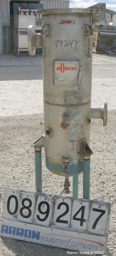 USED: Busch inline Dollinger pot filter, 304 stainless steel. 12"diameter x 40" deep, rated FV at 200 deg F. 3" inlet/outlet. Mounted on 3 carbon steel legs.
