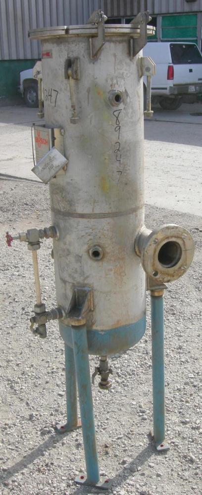 USED: Busch inline Dollinger pot filter, 304 stainless steel. 12"diameter x 40" deep, rated FV at 200 deg F. 3" inlet/outlet. Mounted on 3 carbon steel legs.