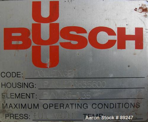 USED: Busch inline Dollinger pot filter, 304 stainless steel. 12"diameter x 40" deep, rated FV at 200 deg F. 3" inlet/outlet. Mounted on 3 carbon steel legs.